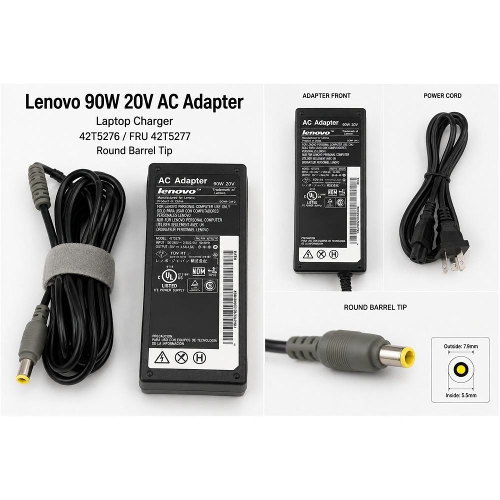 Lenovo 90W 20V AC Adapter Laptop Charger 42T5276 FRU 42T5277 Round Barrel Tip